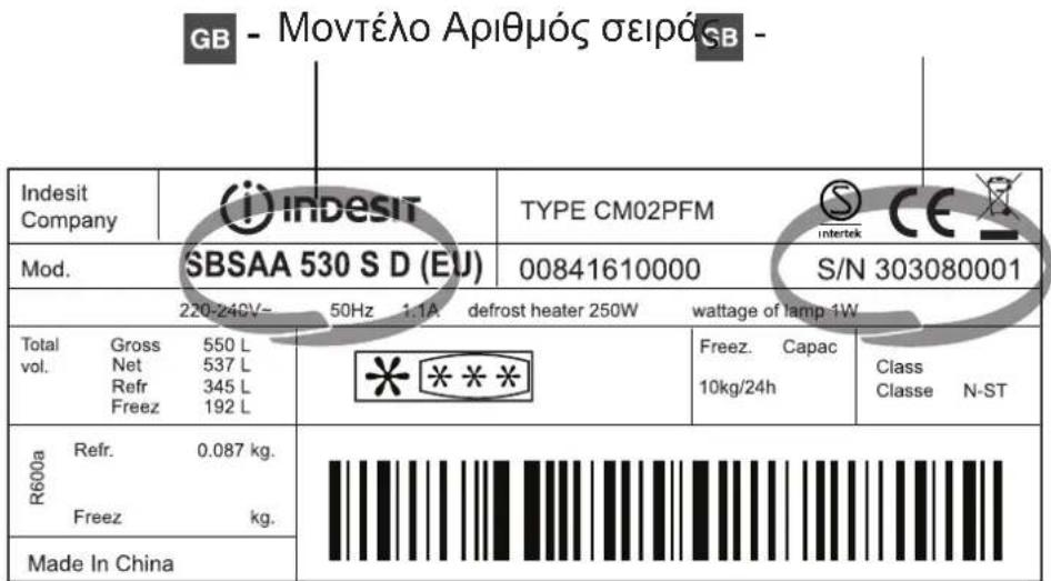 GB - Μοντέλο Αριθμός σειράSB - Indesit Company i INDESIT TYPE CM02PFM S intertek CE Mod. SBSAA 530 S D (EU) 00841610000 S/N 303080001 220-240V~ 50Hz 1:1A defrost heater 250W wattage of lamp 1W Total Gross 550 L vol. Net 537 L Refr 345 L Freez 192 L * * * * Freez. Capac Class 10kg/24h Classe N-ST R60…