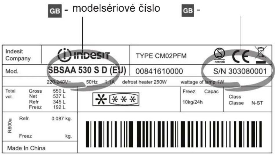 GB - modelsériové číslo GB - Indesit Company i INDESIT TYPE CM02PFM intertek CE Mod. SBSAA 530 S D (EU) 00841610000 S/N 303080001 220-240V~ 50Hz 1.1A defrost heater 250W wattage of lamp-1W Total Gross 550 L vol. Net 537 L Refr 345 L Freez 192 L * * * * Freez. Capac 10kg/24h Class Classe N-ST R600a Refr. 0.087 kg. Freez kg. Made In China