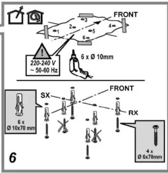 FRONT 220-240 V ~ 50-60 Hz 6 x Ø 10mm SX FRONT RX 6 x Ø 10x70 mm 4 x Ø 6x70mm 6