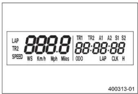 LAP 888.8 TR1 TR2 A1 A2 S1 S2 TR2 88:88:88 SPEED WS Km/h Mph Miles ODO LAP CLK H 400313-01