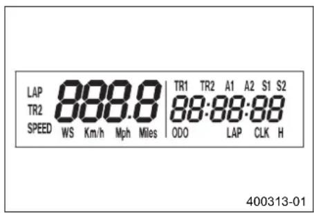 LAP 888.8 TR1 TR2 A1 A2 S1 S2 TR2 88:88:88 SPEED WS Km/h Mph Miles ODO LAP CLK H 400313-01