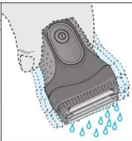 Illustration of a hand using a power shaver with water droplets falling (no text or symbols)