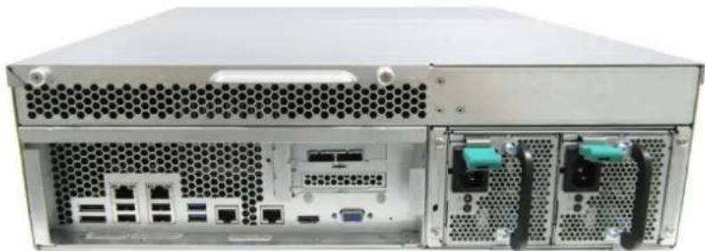 Front view of a server rack with multiple ports and connectors (no visible text or labels)