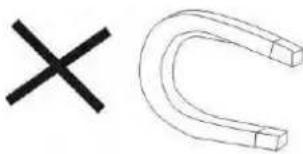 Simple line drawing showing a black 'X' next to a U-shaped magnet with two rectangular blocks.