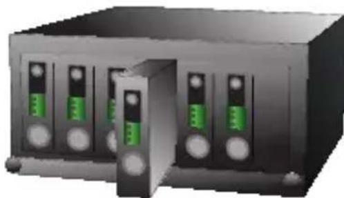3D rendering of a server rack unit with multiple drive bays and a central door (no text or symbols visible)