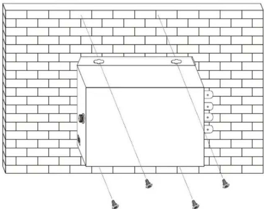 Technical line drawing of a cabinet mounted on a brick wall, with screw fasteners visible (no text or symbols)