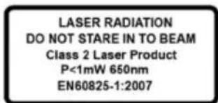 LASER RADIATION DO NOT STARE IN TO BEAM Class 2 Laser Product P<1mW 650nm EN60825-1:2007