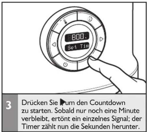 3 Drücken Sie um den Countdown zu starten. Sobald nur noch eine Minute verbleibt, ertönt ein einzelnes Signal; der Timer zählt nun die Sekunden herunter.