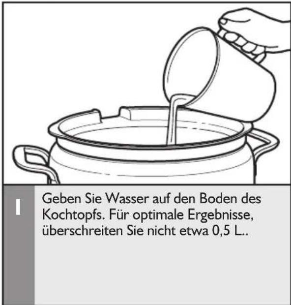 Geben Sie Wasser auf den Boden des Kochtopfs. Für optimale Ergebnisse, überschreiten Sie nicht etwa 0,5 L..