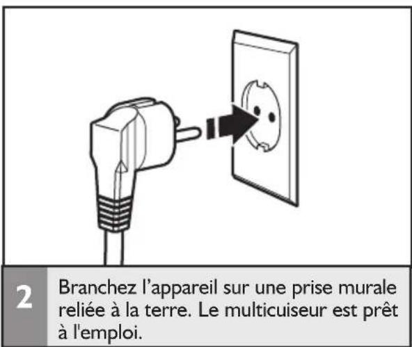 2 Branchez l'appareil sur une prise murale reliée à la terre. Le multicuiseur est prêt à l'emploi.