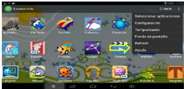 Sunotech Kids 100% 12:45 SALIR Seleccionar aplicaciones Configuración Temporizador Fondo de pantalla Refresh Ayuda Delim Estadio Formas... Galaxy Galería Hidden... Ice Rice Labyrinth... Mouse Octopus Play Mu Bush Roll Puzzle d... Tangram
