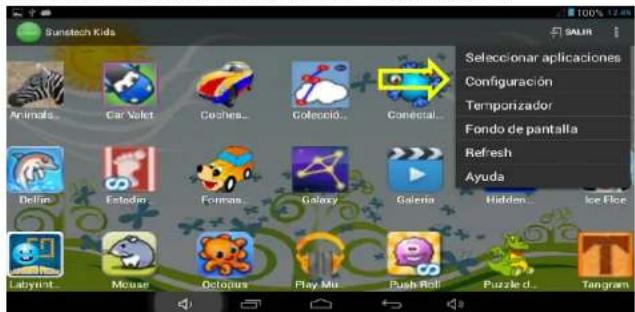 Sunstech Kids Animals... Car Valet Cachas... Golecicl... Conecal... Dolino Estodin Formas Galaxy Galeria Hidden... Ice Floe Labyrinth Mouse Octopus Play Mu Push Roll Puzzle d... Tangram Seleccionar aplicaciones Configuración Temporizador Fondo de pantalla Refresh Ayuda