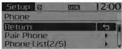 Setup 30 USB 12:00 Phone Return Pair Phone Phone List(2/5)