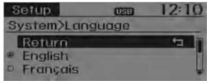 Setup USB 12:10 System>Language Return English Français