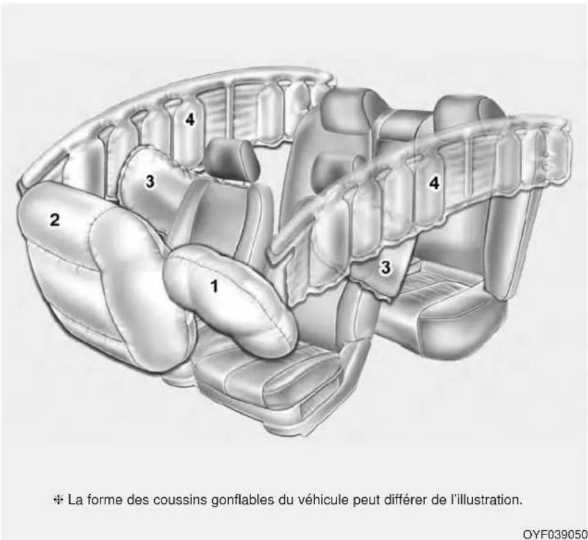 La forme des coussins gonflables du véhicule peut différer de l'illustration. OYF039050