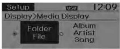 Setup use 12:09 Display>Media Display Folder File Album Artist Song
