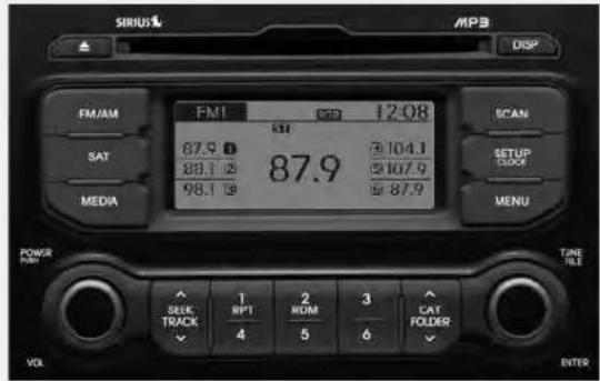 SIRIUS MPB DSP FM/AM FMI 12:08 SCAN SAT 67.9 1 83.1 2 98.1 3 87.9 104.1 107.9 87.9 SETUP DOCK MEDIA MENU POWER RUN TIME RUE SELECT TRACK 1 NPT 2 NOM 3 CAT FOLDER 4 5 6 VOL. ENTIS