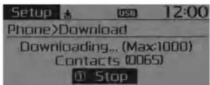 Setup USB 12:00 Phone>Download Downloading... (Max:1000) Contacts (0065) Stop