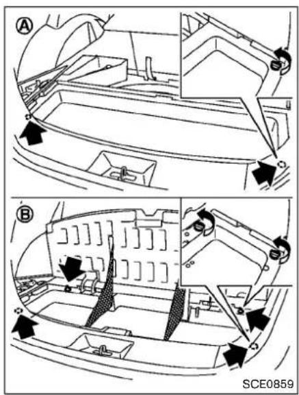 Technical diagram showing two views (A and B) of a car interior with labeled components and directional arrows indicating movement or assembly.