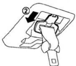 Diagram showing a hand holding a device with a labeled arrow pointing to a component, marked with number ②.