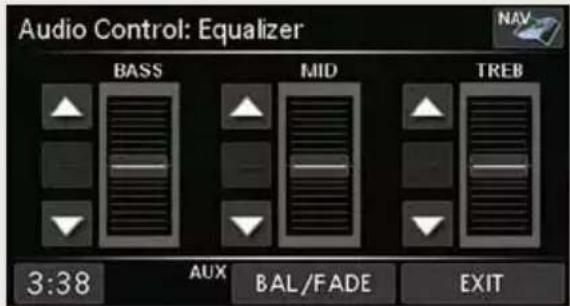 Audio Control: Equalizer BASS MID TREB 3:38 AUX BAL/FADE EXIT