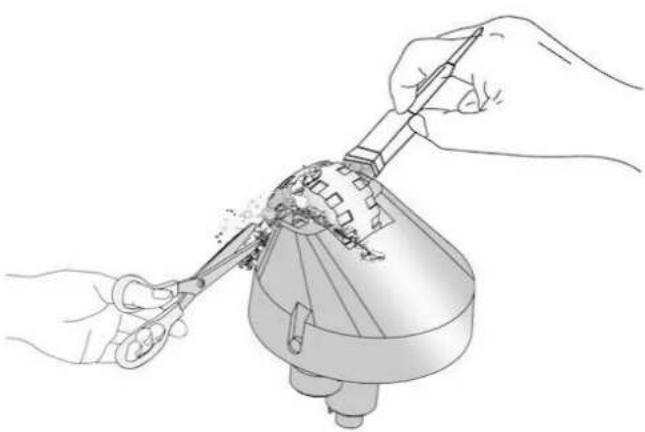 Illustration of hands using scissors to cut a mechanical component with a tool (no text or symbols)