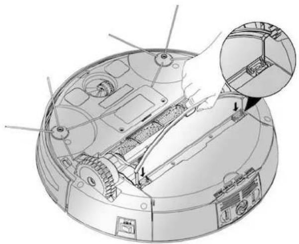 Technical illustration of a robotic vacuum cleaner with internal components and a hand inserting a component (no text or symbols visible)