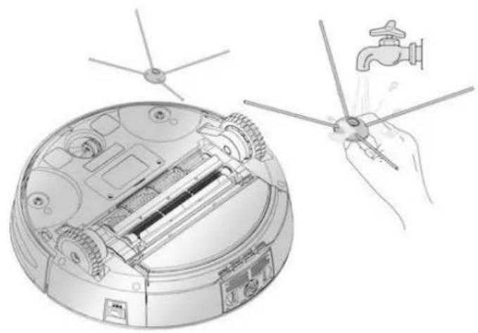 Technical illustration of a robotic vacuum cleaner with internal components and a hand holding a valve (no text or symbols present)