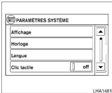 PARAMÈTRES SYSTÈME Affichage Horloge Langue Clic tactile off LHA1481