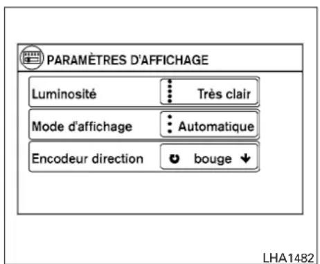 PARAMÈTRES D'AFFICHAGE Luminosité Très clair Mode d'affichage Automatique Encodeur direction bouge LHA1482