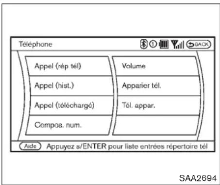 Téléphone Appel (rép tél) Volume Appel (hist.) Apparier tél. Appel (téléchargé) Tél. appar. Compos. num. Aide Appuyez s/ENTER pour liste entrées répertoire tél SAA2694