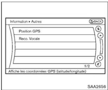 Information > Autres Position GPS Reco. Vocale 1/2 Affiche les coordonnées GPS (latitude/longitude) SAA2656