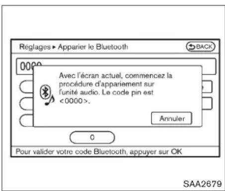 Réglages ▶ Apparier le Bluetooth 0000 Avec l'écran actuel, commencez la procédure d'appariement sur l'unité audio. Le code pin est <0000>. Annuler Pour valider votre code Bluetooth, appuyer sur OK SAA2679