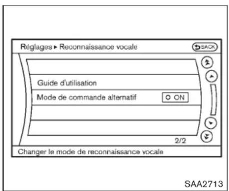 Réglages ► Reconnaissance vocale Guide d'utilisation Mode de commande alternatif ON 2/2 Changer le mode de reconnaissance vocale SAA2713