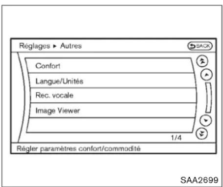 Réglages ► Autres CONfort Langue/Unités Rec. vocale Image Viewer 1/4 Régler paramètres confort/commodité SAA2699