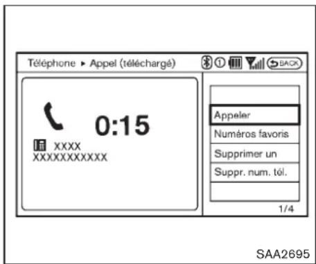 Téléphone ▶ Appel (téléchargé) 0:15 XXXX XXXXXXXXXX Appeler Numéros favors Supprimer un Suppr. num. tél. 1/4 SAA2695