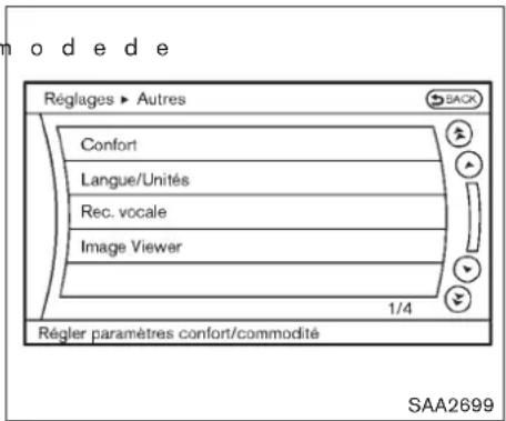 Régigages ▶ Autres BACK Confort Langue/Unités Rec. vocale Image Viewer 1/4 Régler paramètres confort/commodité SAA2699