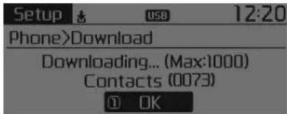 Setup USB 12:20 Phone>Download Downloading... (Max:1000) Contacts (0073) OK
