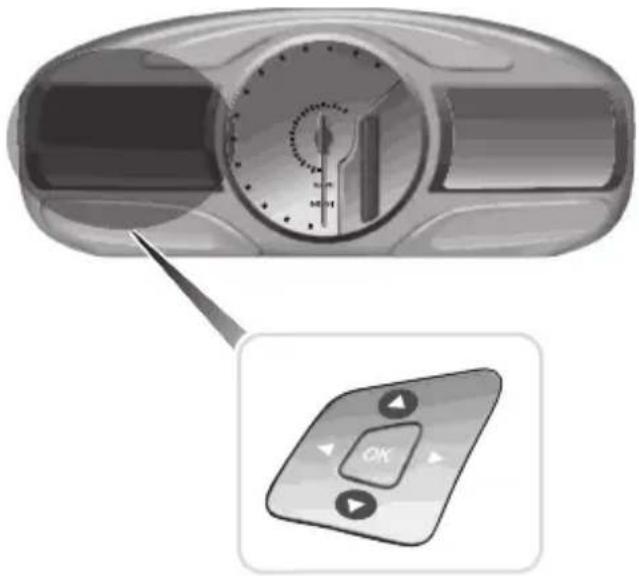Diagram showing a speedometer with directional dial and a control panel labeled 'OK' (OK) with play buttons.