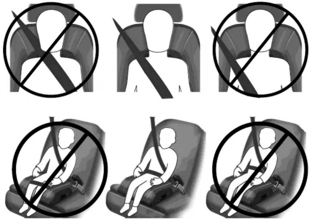 Six-panel image showing a person in seatbelt crossed out by a 'no stop' symbol, likely indicating no stop or no car.