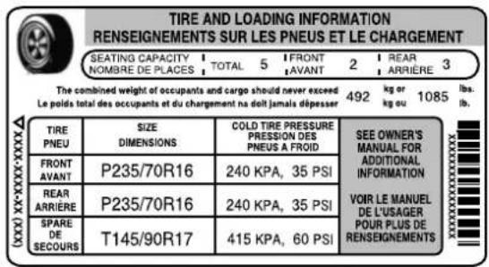 TIRE AND LOADING INFORMATION RENSEIGNEMENTS SUR LES PNEUS ET LE CHARGEMENT SEATING CAPACITY TOTAL 5 FRONT 2 REAR 3 NOMBRE DE PLACES AVANT ARRIÈRE The combined weight of occupants and cargo should never exceed 492 kg or 1085 lbs. Le poids total des occupants et du chargement na doit jamais dépesser TIRE SIZE COLD TIRE PRESSURE PNEU DIMENSIONS PRESSION DES AVANT PNEUS A FROID SEE OWNER'S MANUAL FOR ADDITIONAL INFORMATION FRONT 240 KPA, 35 PSI VOIR LE MANUEL DE L'USAGER POUR PLUS DE RENSEIGNEMENTS REAR 240 KPA, 35 PSI ARRIÈRE SPARE 415 KPA, 60 PSI SPARE T145/90R17 SECOURS