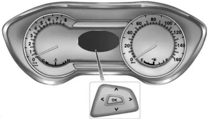 Car dashboard display showing speedometer and gauge, with a control panel labeled 'OK' and directional arrows
