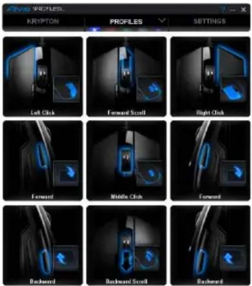 AVIG PROFILES KRYPTON PROFILES SETTINGS Left Click Forward Scroll Right Click Forward Middle Click Forward Backward Backward Scroll Backward