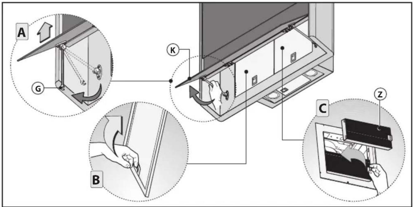 Technical diagram illustrating a device's internal components and assembly, labeled A through Z with directional arrows and circular insets.