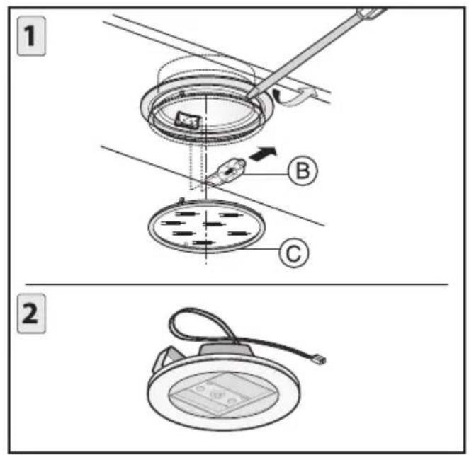 Technical diagram showing two-step installation of a lampshade lamp with labeled components and wiring.