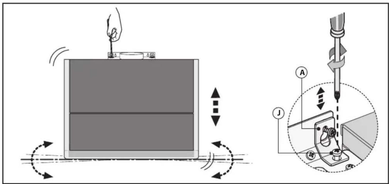Diagram illustrating a mechanical device with labeled parts and motion indicators, including a hand operating the component and a close-up of a screwdriver working on a device.