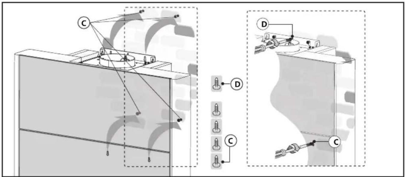 Technical diagram showing mechanical assembly with labeled components C and D, including mounting holes and wiring connections.