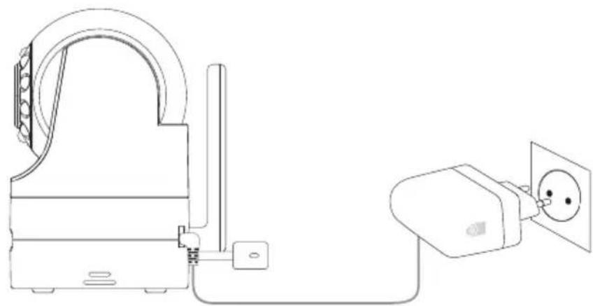 Line drawing of a portable air conditioner unit connected to a wall-mounted power outlet (no text or symbols)