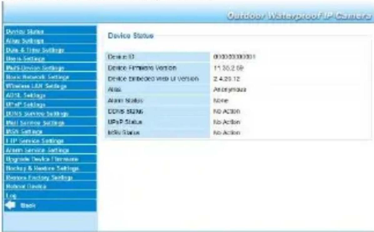 Outdoor Waterproof FTP Client Device Status Device ID 000020000001 Device Firmware Version 11.30.2.69 Device Embedded Web UR Version 2.4.29.12 Auto Anonymura Auto Status None COMS 5E2MG No ACTION UPnP Status No Action MOS Status No Action FTP Service Settings Auto Service Settings Upgrade Device Tcode Backup & Hardware Settings Inventory Factory Settings Home/Device Log Back