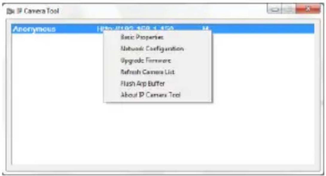 IP Camera Tool Anonymous Http://102.159-1.150 M Basic Properties Network Configuration Upgrade Firmware Refresh Camera List Flash App Buffer About IP Camera Tool